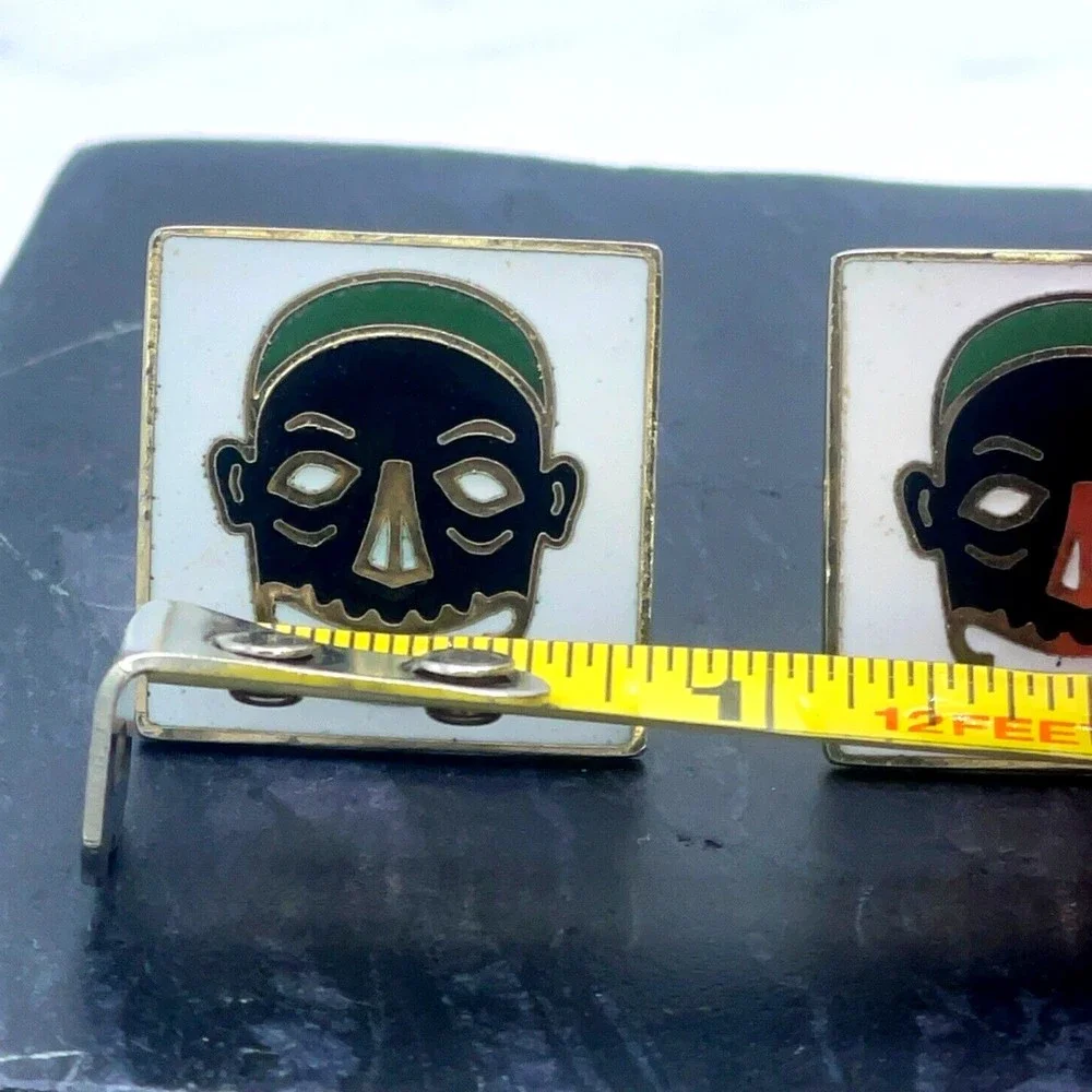 Vintage Swank Tribal Mask White Black Green Enamel Gold Bullet Back Cufflinks